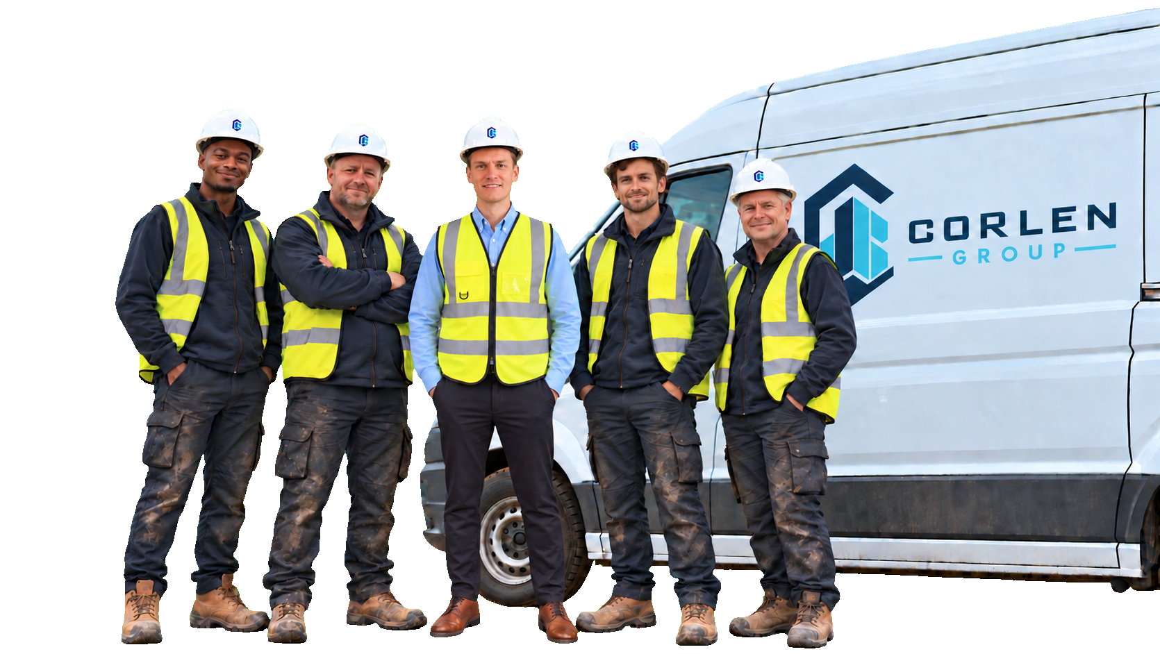 Corlen Group construction team beside a branded long-wheelbase van